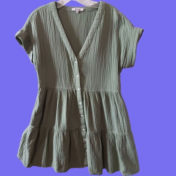 Madewell Cuff Sleeves Gauze Button-Front Tiered Mini Dress Sage Green Xsmall - Picture 1 of 13